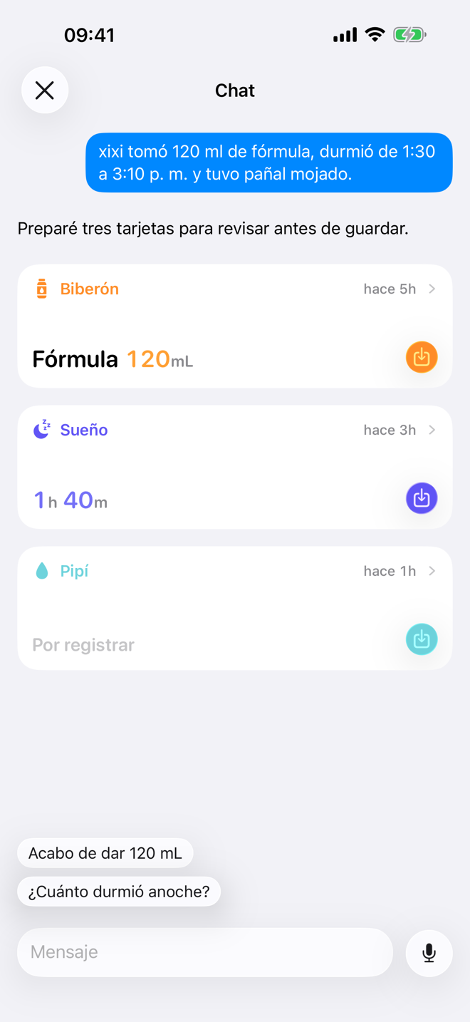 Pantalla Chat con una tarjeta de registro sugerida en Bear Days.