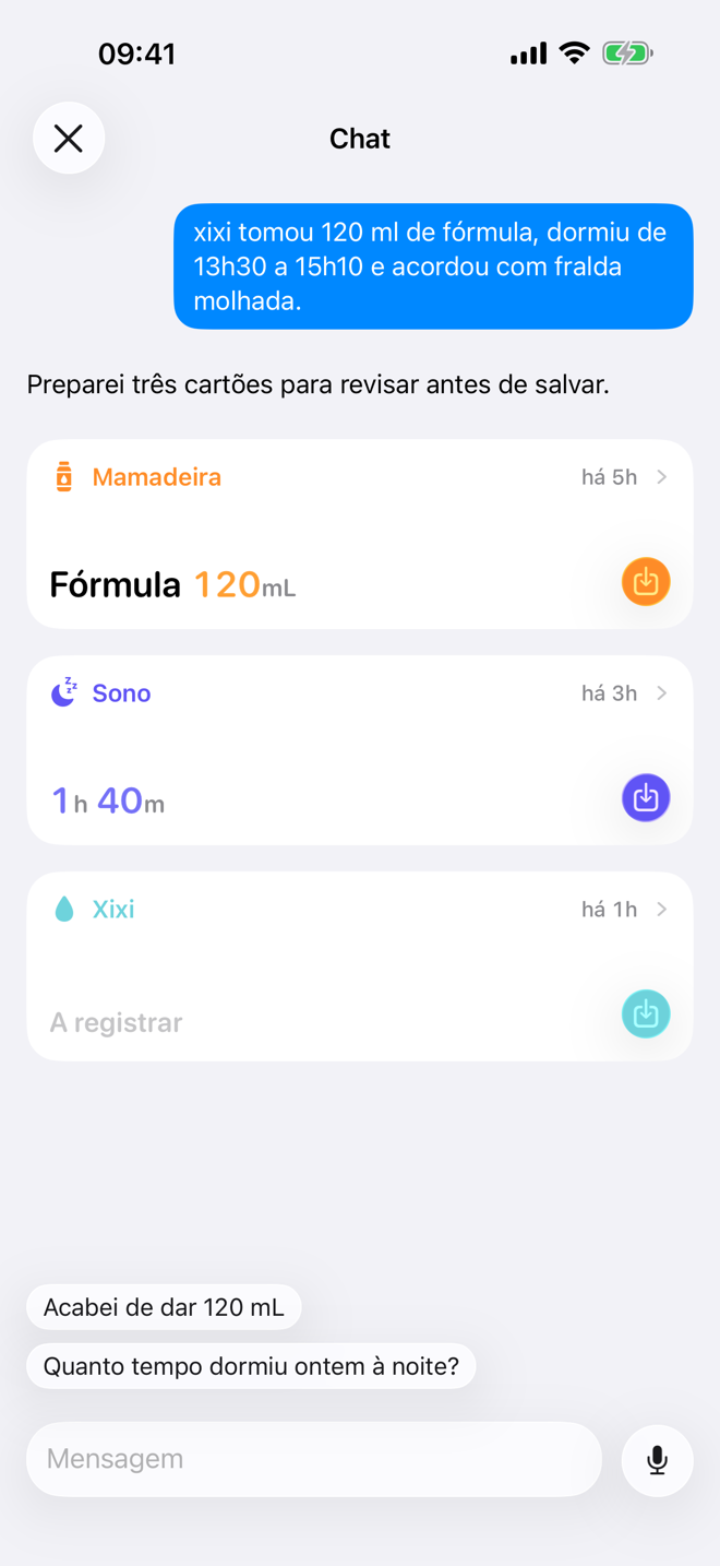 Tela Chat com um cartão de registro sugerido no Bear Days.