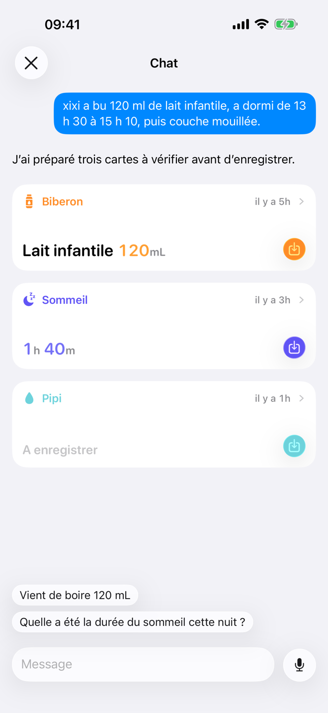 Écran Chat avec une fiche de soin suggérée dans Bear Days.