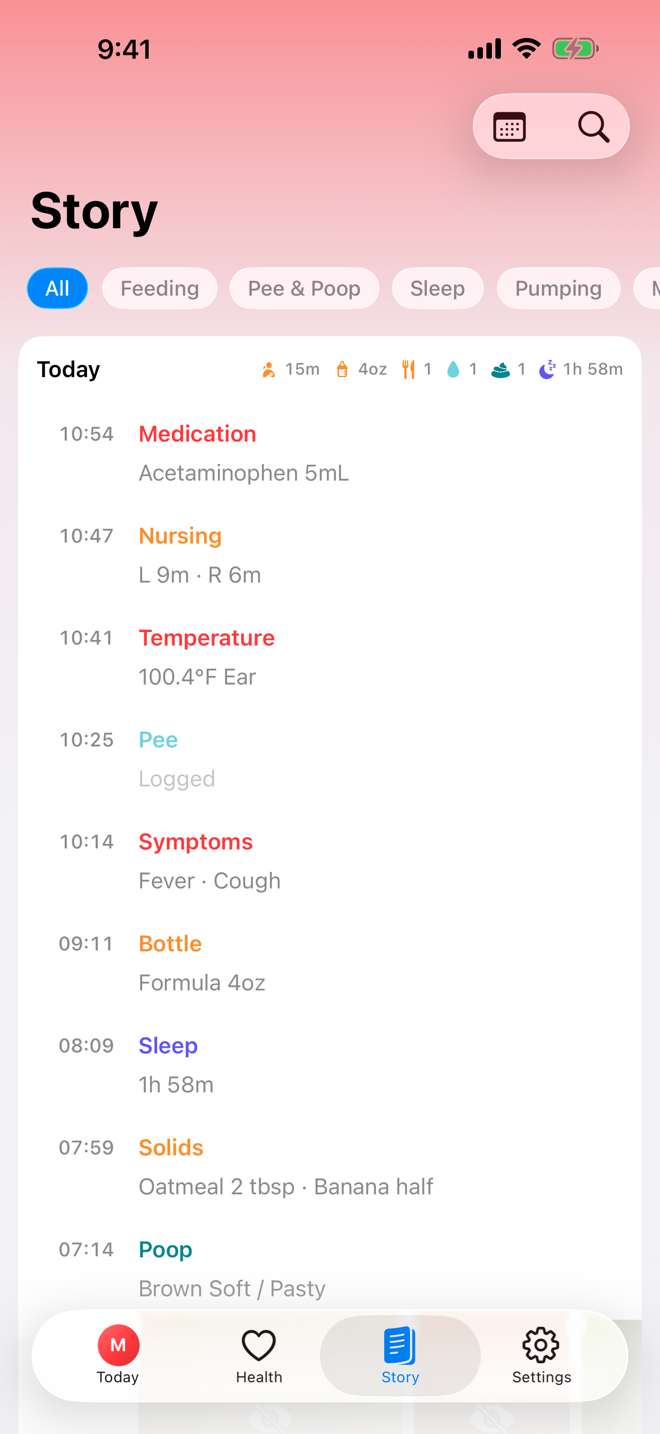 Story screen showing a chronological care timeline.