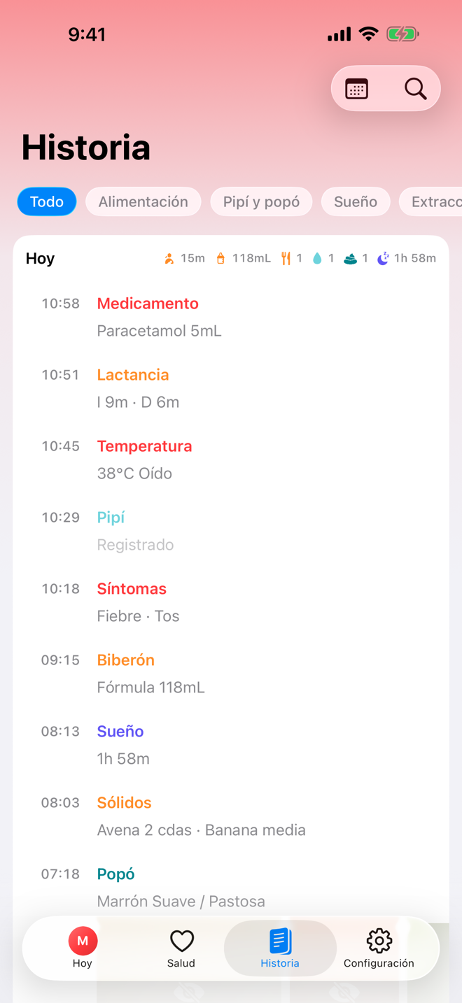 Pantalla Story con una línea de tiempo cronológica.