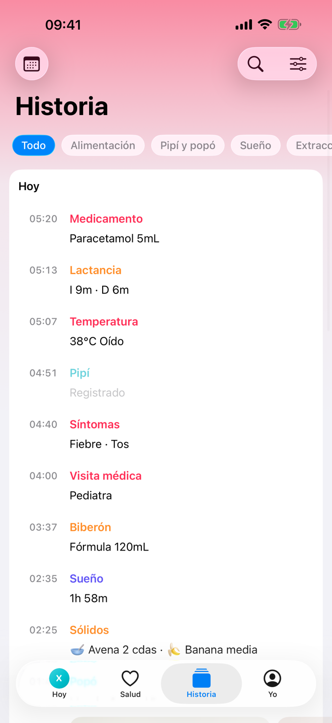 Pantalla Historia con una línea de tiempo cronológica.