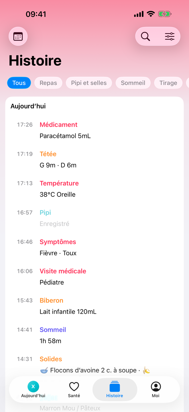Écran Histoire montrant une chronologie de soins.