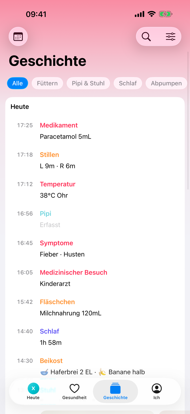 Geschichte-Bildschirm mit chronologischer Pflege-Zeitleiste.