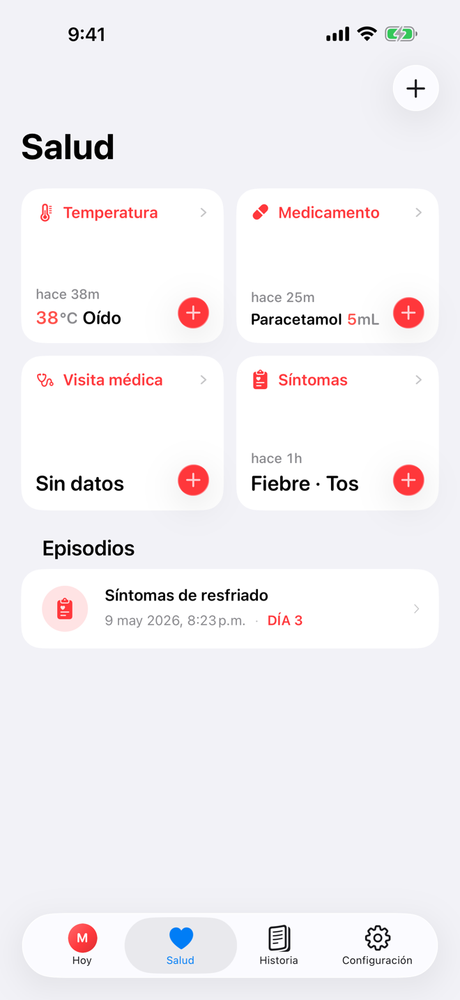Pantalla Health con registros rápidos y un episodio de enfermedad activo.