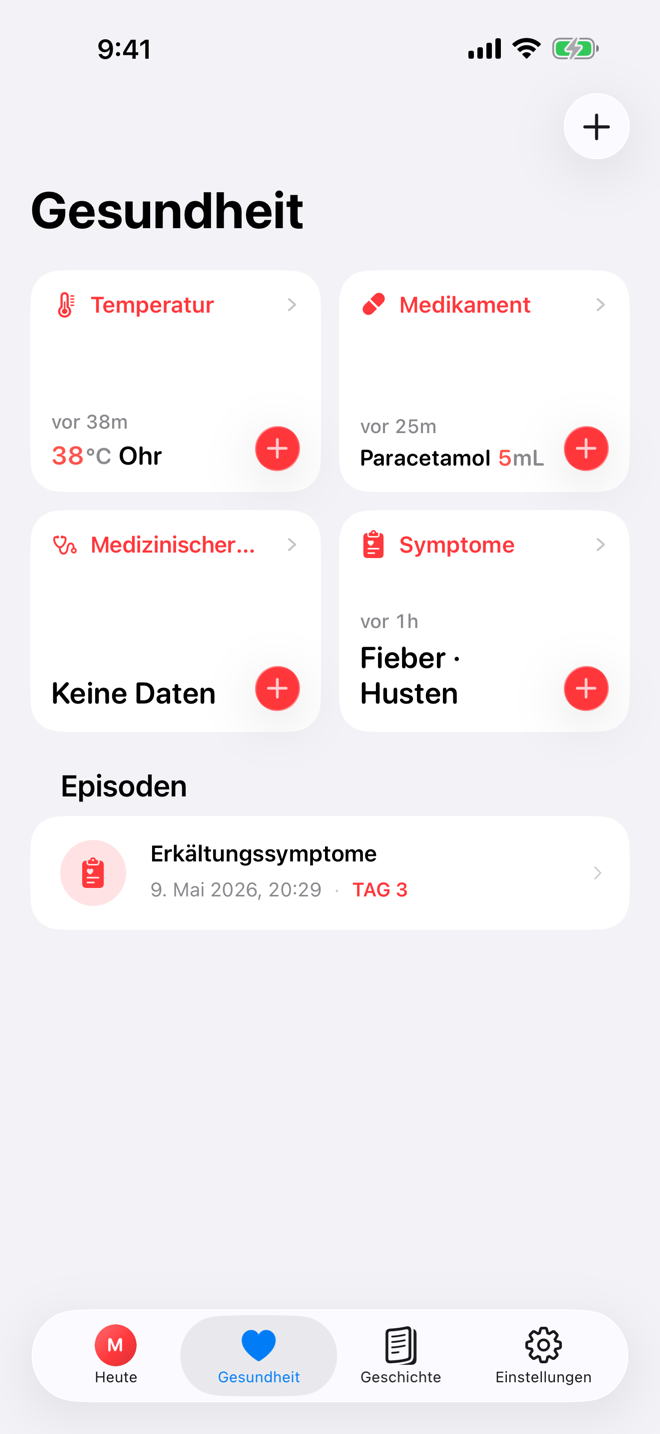 Health-Bildschirm mit Schnellprotokollen und aktivem Krankheitsverlauf.