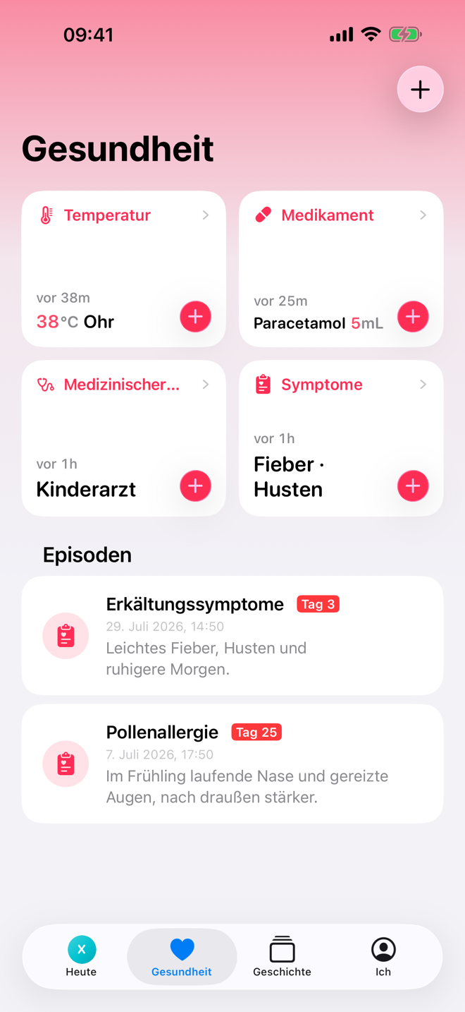 Gesundheit-Bildschirm mit Schnellprotokollen und aktivem Krankheitsverlauf.