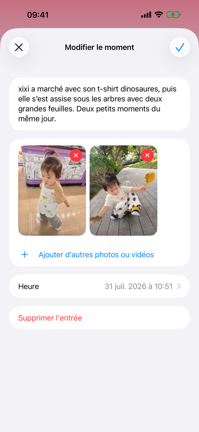 Fiche Moment avec photos et note.