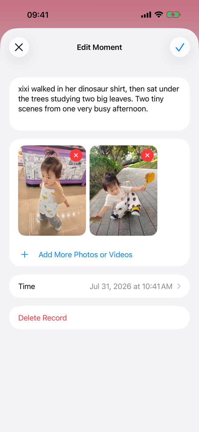 Moment record showing photos and a note.
