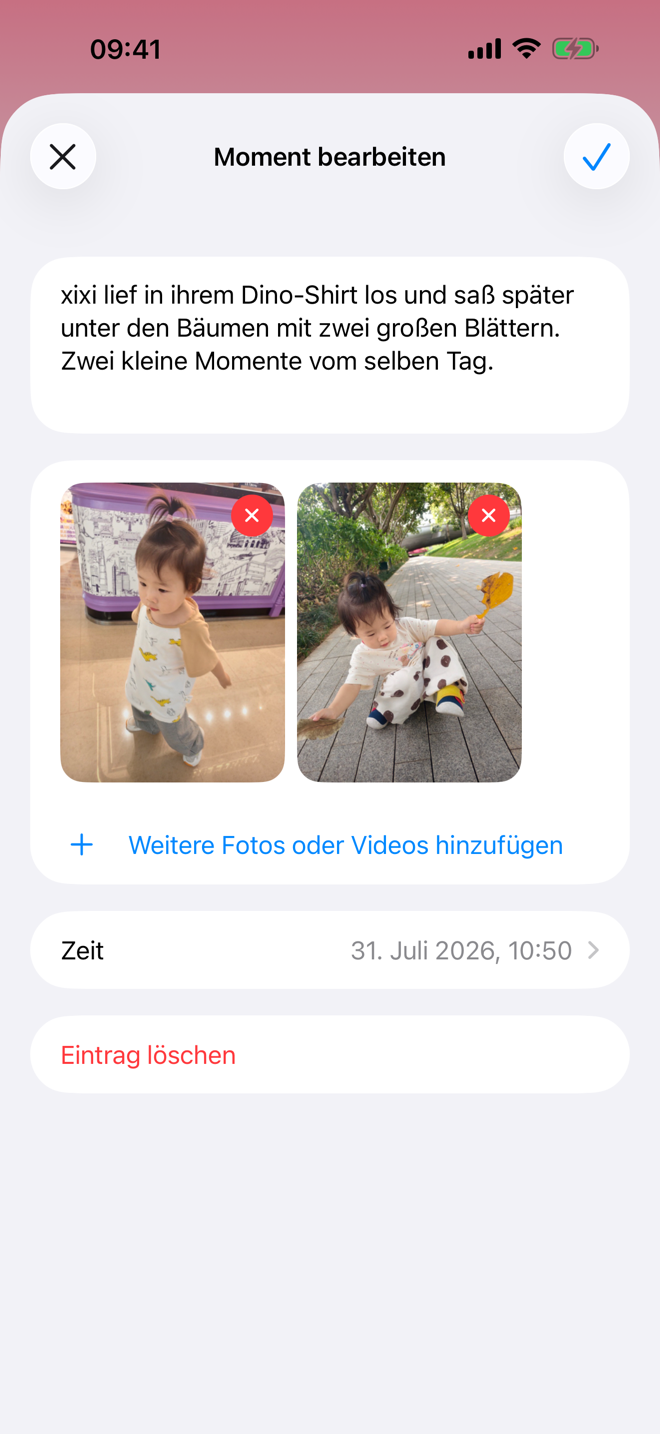 Moment-Eintrag mit Fotos und Notiz.