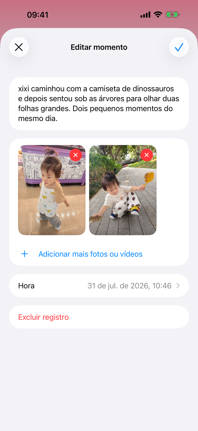 Registro de momento com fotos e uma nota.