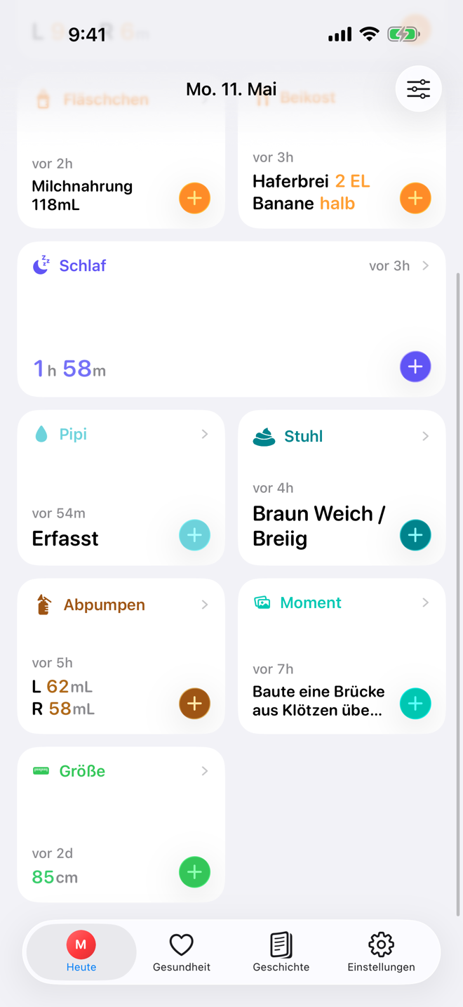 Routine-Bildschirm mit erweiterten und kompakten Pflegekarten.