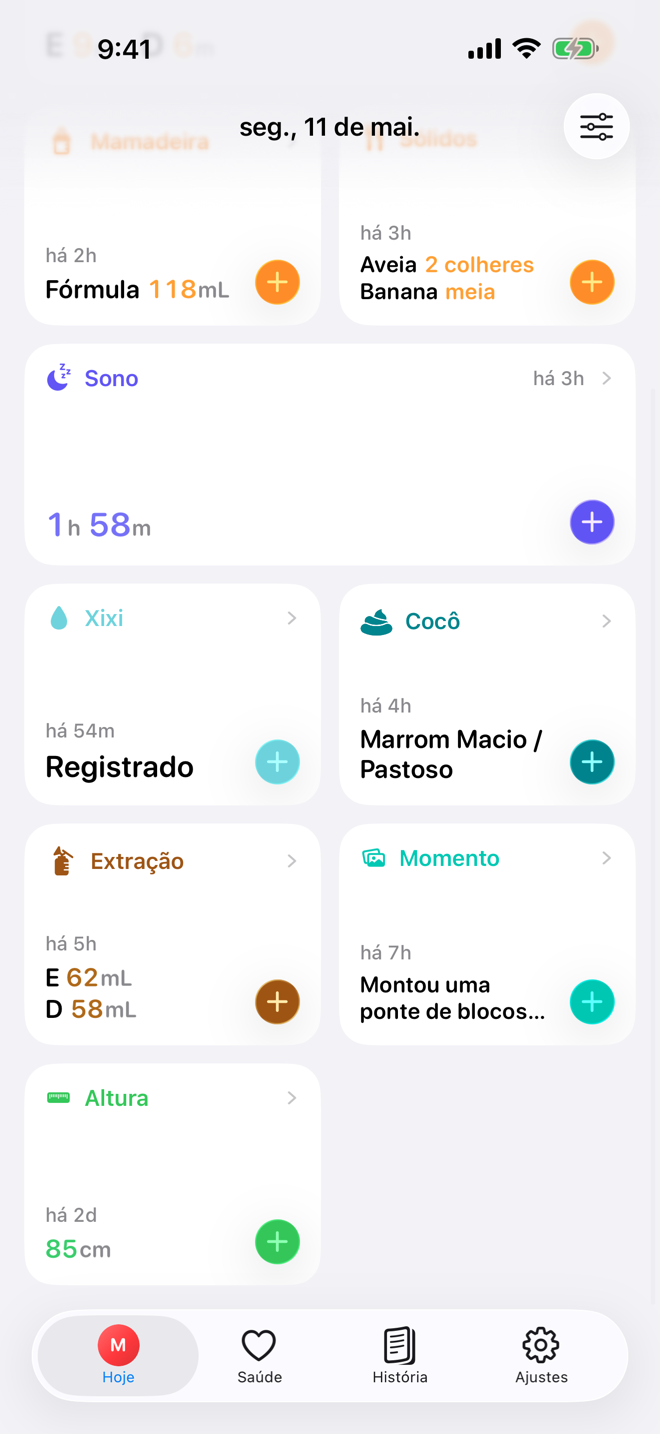 Tela de rotina diária com cartões de cuidado expandidos e compactos.
